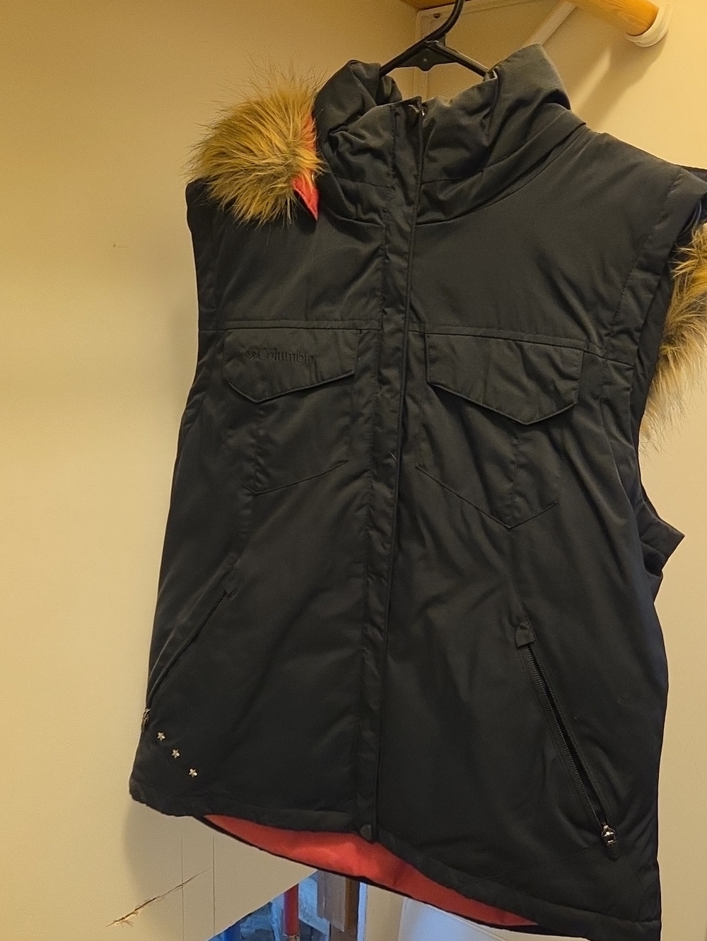 Columbia Women's Black Hooded Vest with Faux-Fur Trim and Pink Lining